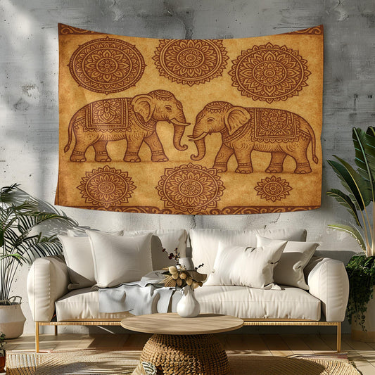 Twin Elephant Boho Wall Tapestry – Beige Mandala Tapestry with Sacred Elephant Pair and Tribal Floral Circle Accents for Zen Decor