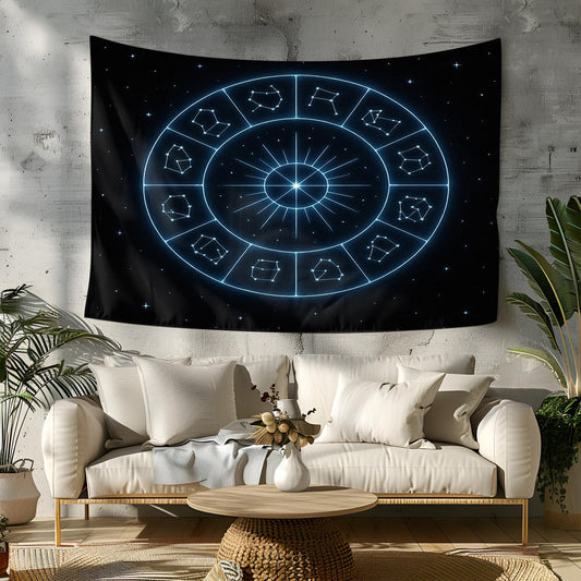 Zodiac Sign Constellation Wall Tapestry in Glowing Blue on Black – Celestial Astrology Decor for Bedroom, Meditation or Dorm Room Style