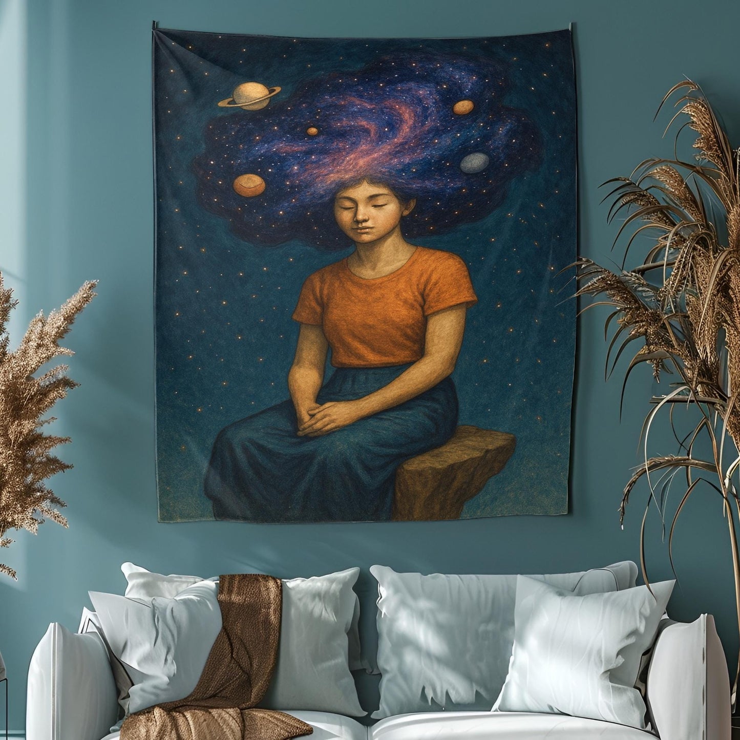 Galactic Hair Woman Tapestry, Planets Orbiting Her Head As She Sits On Floating Rock, Surreal Cosmic Wall Art, Gift For Her Or Dreamer