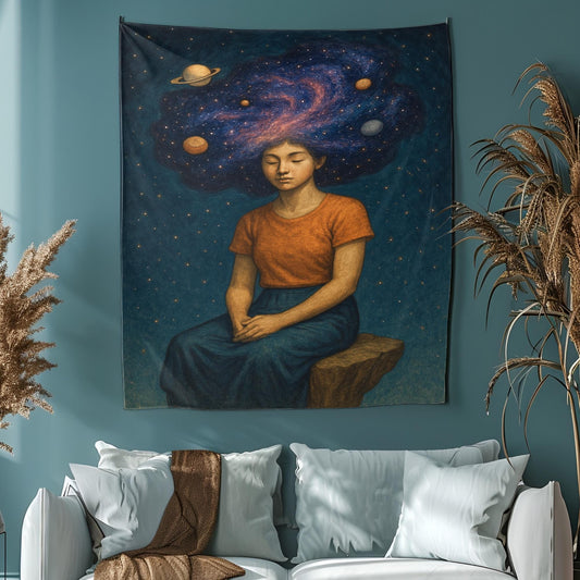 Galactic Hair Woman Tapestry, Planets Orbiting Her Head As She Sits On Floating Rock, Surreal Cosmic Wall Art, Gift For Her Or Dreamer