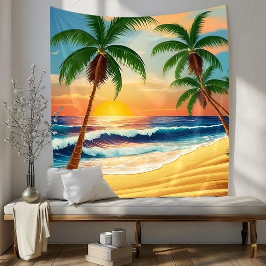Tropical Beach Sunset Tapestry, Coconut Palm Trees & Golden Sand, Deep Blue Ocean Waves with Gentle Breeze, Warm Orange Sky Wall Art