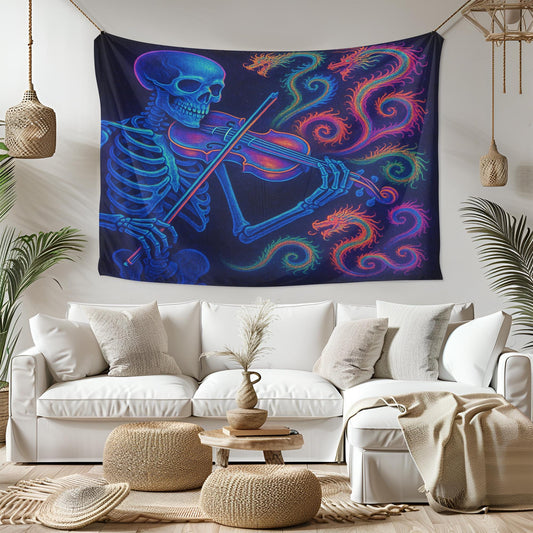 Skeleton Violin Tapestry, Psychedelic Gothic Wall Art, Trippy Neon Room Decor, Dark Boho Skeleton Print, Unique Gift for Musicians