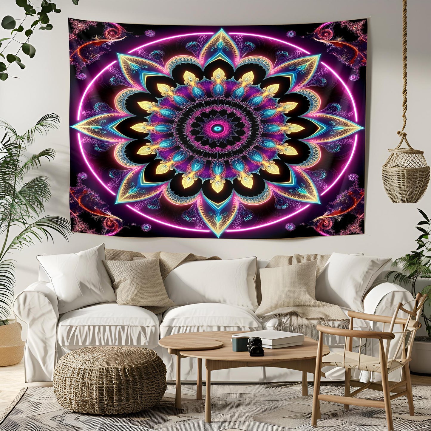 Psychedelic Fractal Mandala Tapestry, Neon Sacred Geometry Wall Art, Hypnotic Waves & Vibrant Patterns, Ultra HD Trippy Decor, Psychedelic