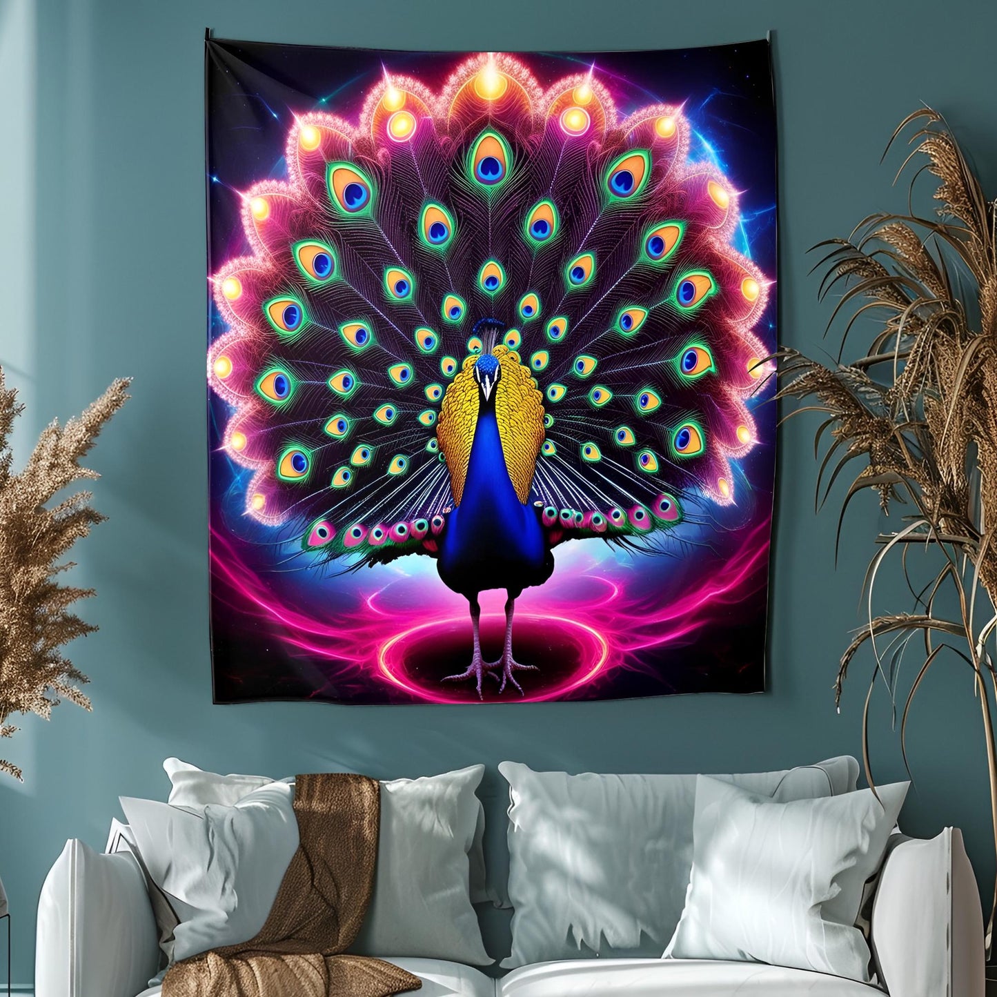 Majestic Neon Peacock Tapestry, Swirling Fractal Tail,Glowing Rainbow Eyes, Cosmic Aura & Psychedelic Color Explosion, Ultra-Detailed Art