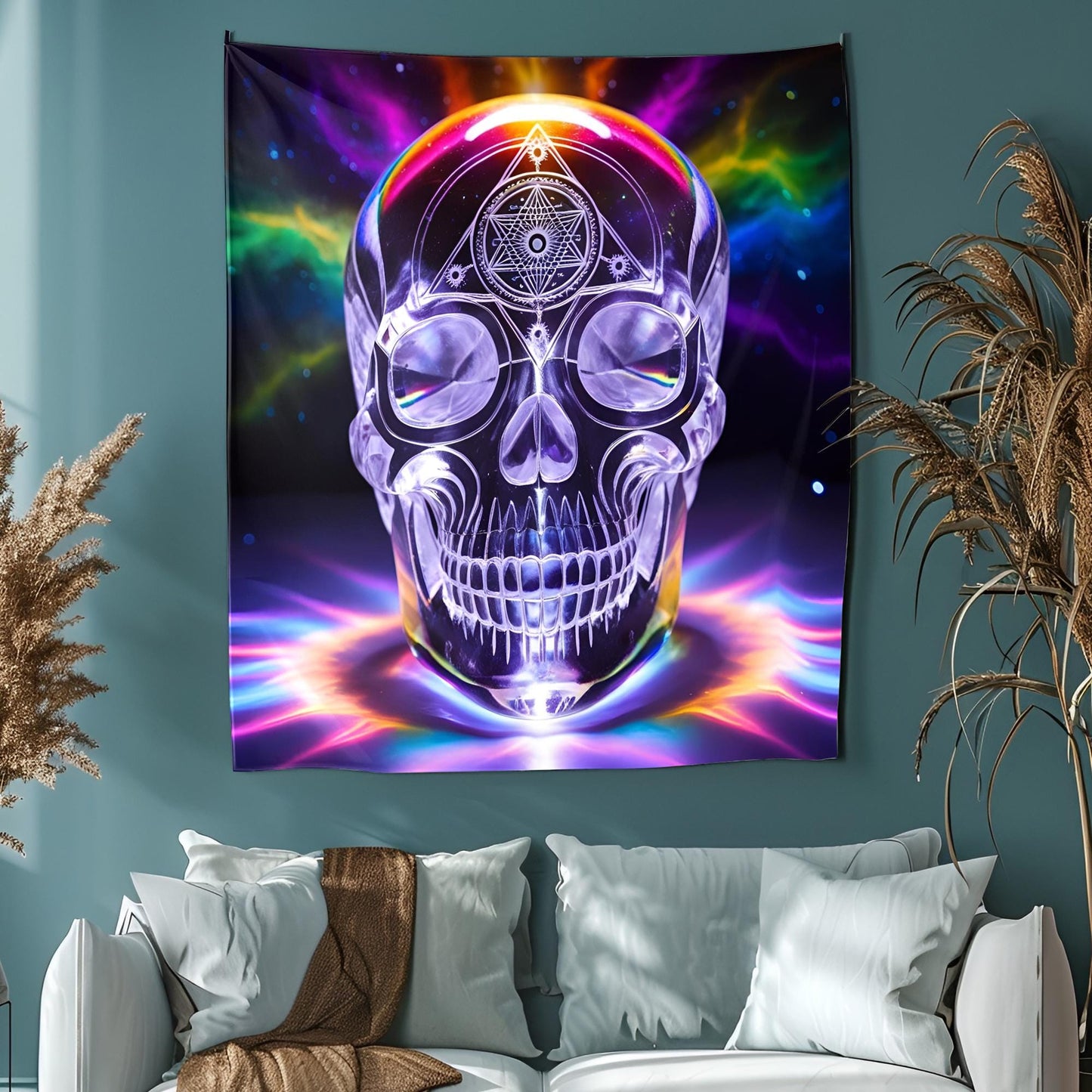 Translucent Crystal Skull Tapestry, Glowing Rainbow Hues, Sacred Geometry Carvings, Cosmic Energy Pulsating, Psychedelic Surreal Art