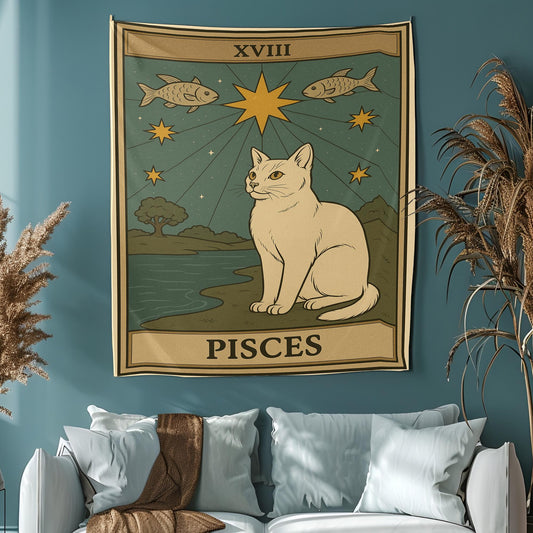 Pisces Zodiac Cat Tapestry Wall Hanging – Mystical Astrology Cat Art Decor for Bedroom, Dorm Room, Meditation Corner or Gift Idea