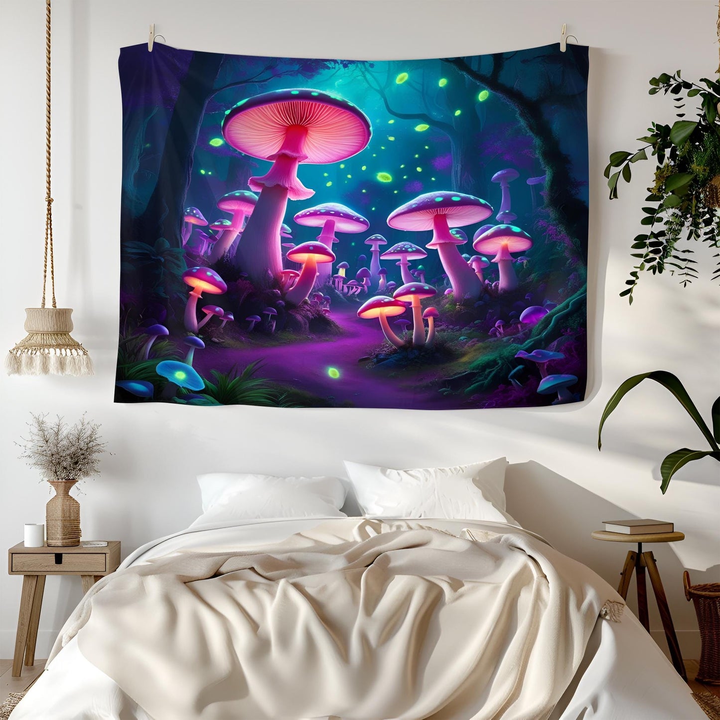 Bioluminescent Mushroom Forest Tapestry, Glowing Neon Spore Art, Fantasy Psychedelic Wall Hanging, Dreamy Purple Blue Green Decor,