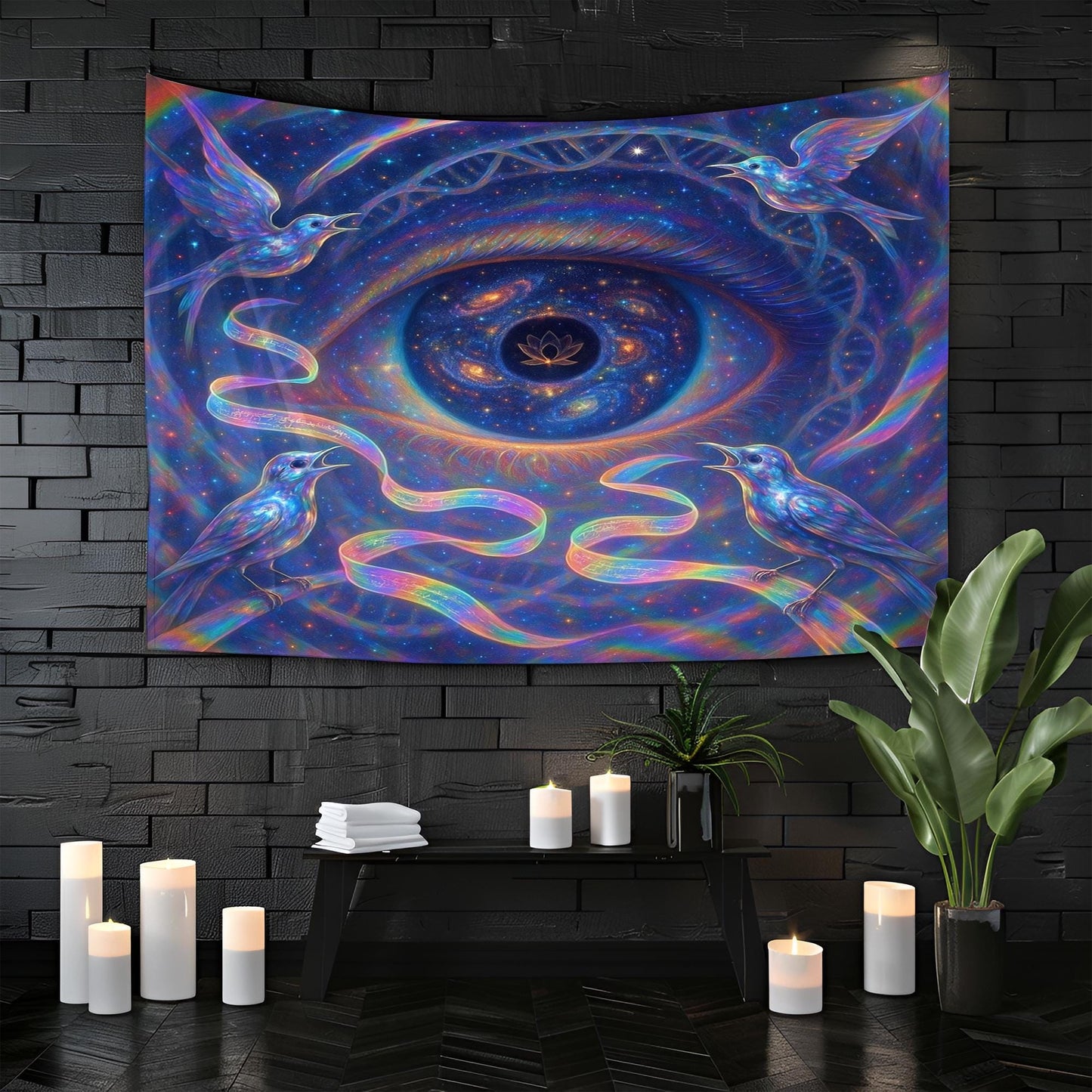 Cosmic Eye Tapestry – Trippy Bird and Galaxy Wall Art, Third Eye Vision Decor, Psychedelic Surreal Scene, Spiritual DNA Energy Art, Lotus