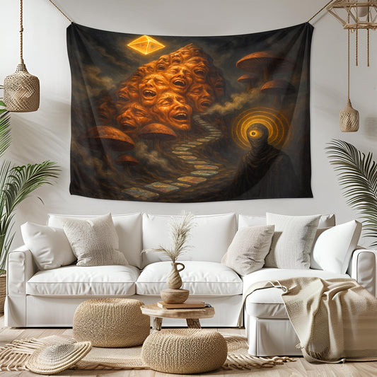 Surreal Horror Tapestry – Trippy Eyeball Figure Wall Art, Dark Psychedelic Decor, Dreamscape Faces Scene, Visionary Mushroom Tapestry