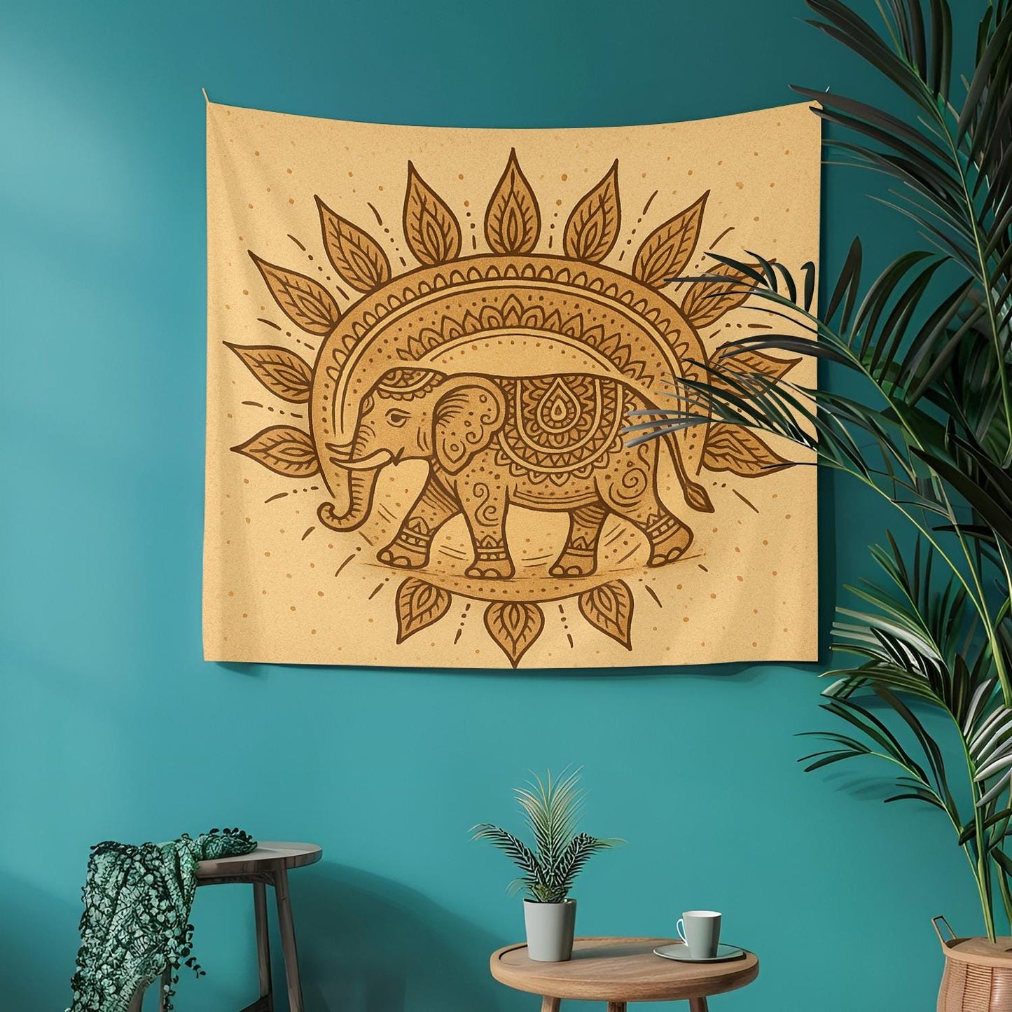 Boho Elephant Tapestry Wall Hanging – Beige Mandala-Style Elephant Decor for Bedroom, Living Room, or Meditation Space