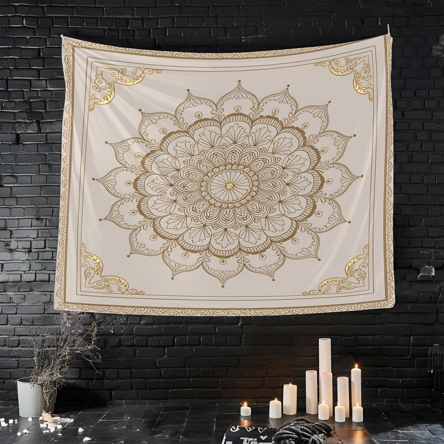 Symmetrical Indian Mandala Tapestry, Delicate Gold Filigree Details, Subtle Decorative Frame, Square Layout, Elegant Boho Wall Art
