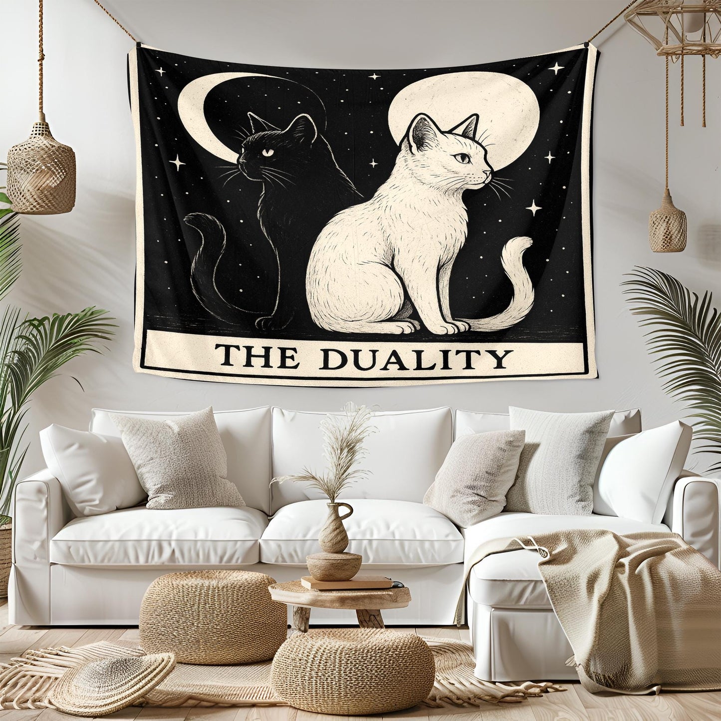 The Duality Cat Tapestry – Yin Yang Cat Wall Art, Black and White Cat Decor, Mystical Gothic Tapestry for Boho, Altar, or Bedroom Walls