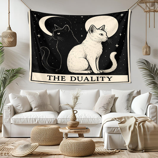 The Duality Cat Tapestry – Yin Yang Cat Wall Art, Black and White Cat Decor, Mystical Gothic Tapestry for Boho, Altar, or Bedroom Walls