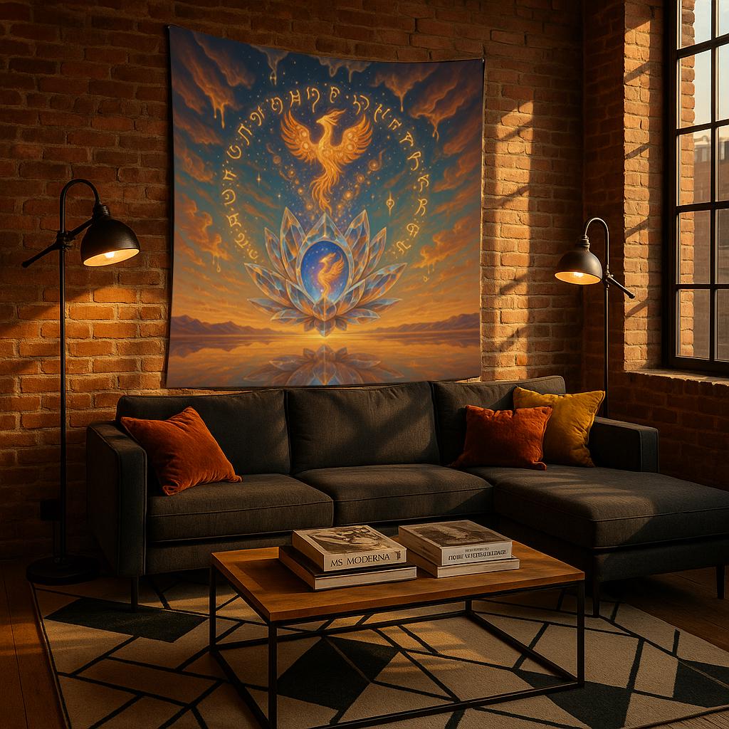 Phoenix Lotus Tapestry – Spiritual Rebirth Wall Art, Crystal Flower Sky Scene, Celestial Fire Bird Decor, Mystical Awakening Print