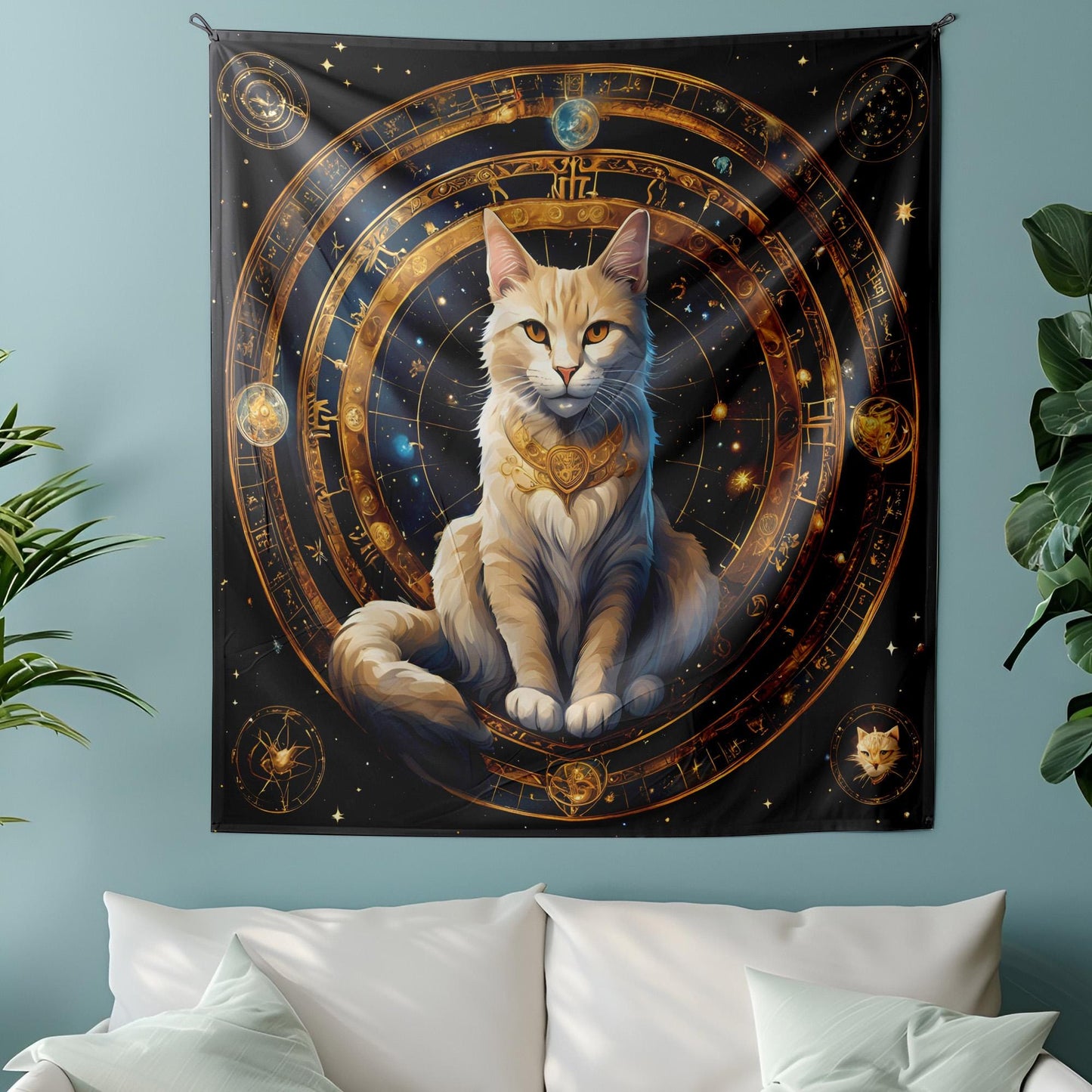 Zodiac Circle Cat Tapestry - Astrological Feline Wall Hanging - Celestial Cosmic Decor - Mystic Astrology Art - Witchy Home Decor