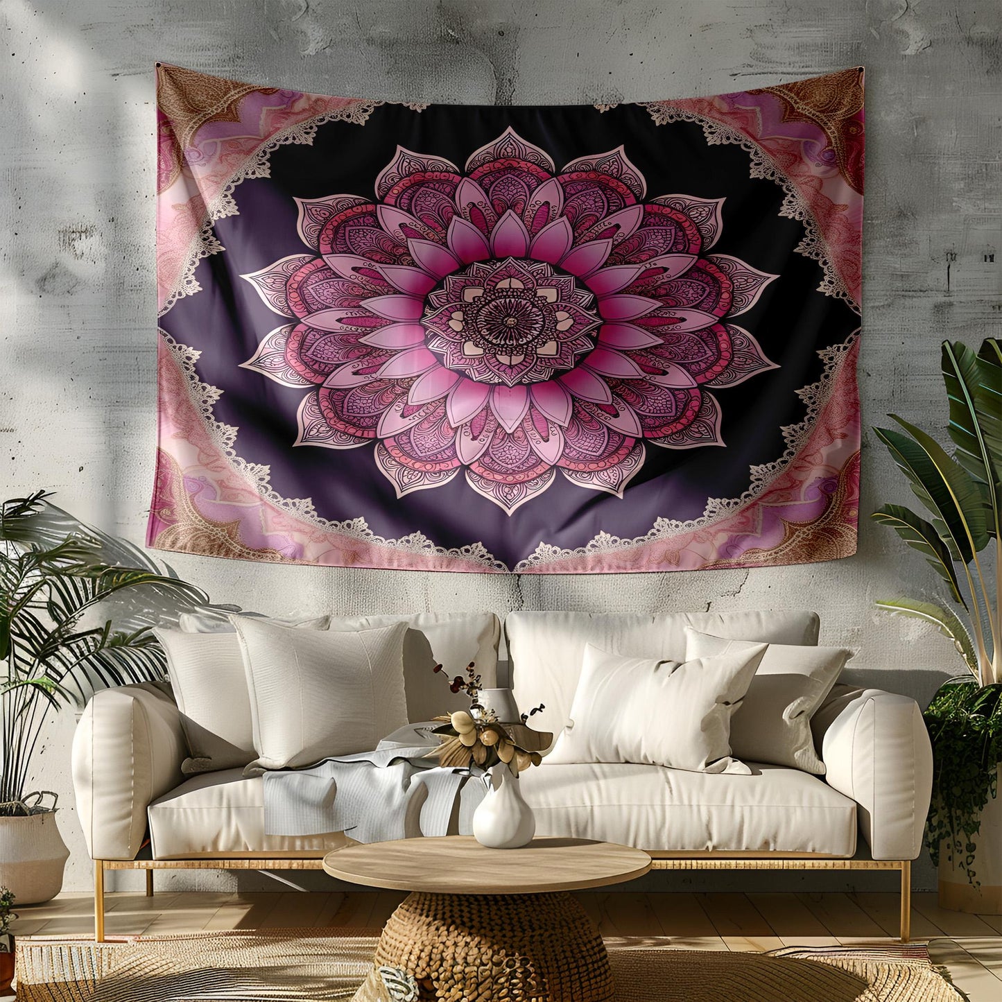 Bohemian Lotus Flower Mandala Tapestry, Intricate Paisley and Geometric Wall Hanging, Lace Inspired Pink Purple Gold Home Decor