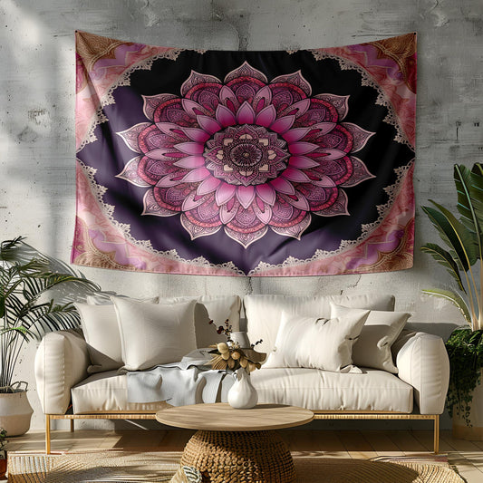 Bohemian Lotus Flower Mandala Tapestry, Intricate Paisley and Geometric Wall Hanging, Lace Inspired Pink Purple Gold Home Decor