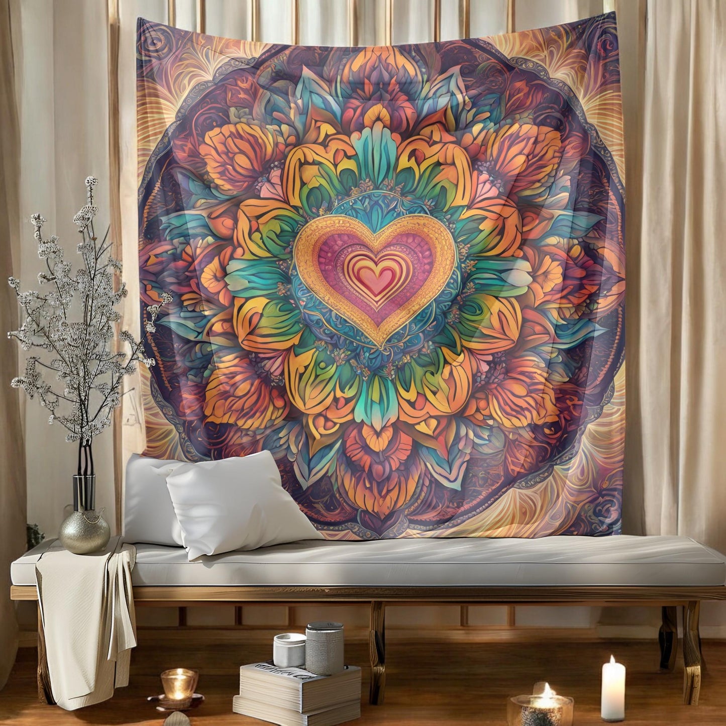 Rainbow Mandala Tapestry - LGBT Pride Boho Wall Hanging - Colorful Spiritual Room Decor - Vibrant Symmetrical Mandala with Heart Center