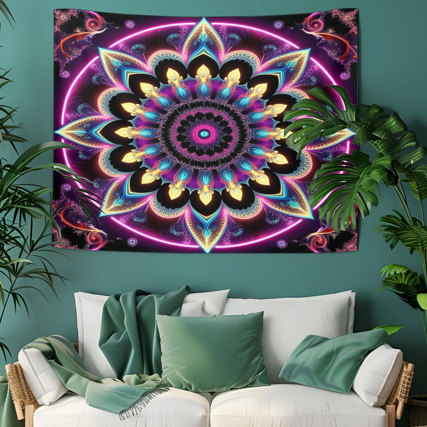 Psychedelic Fractal Mandala Tapestry, Neon Sacred Geometry Wall Art, Hypnotic Waves & Vibrant Patterns, Ultra HD Trippy Decor, Psychedelic
