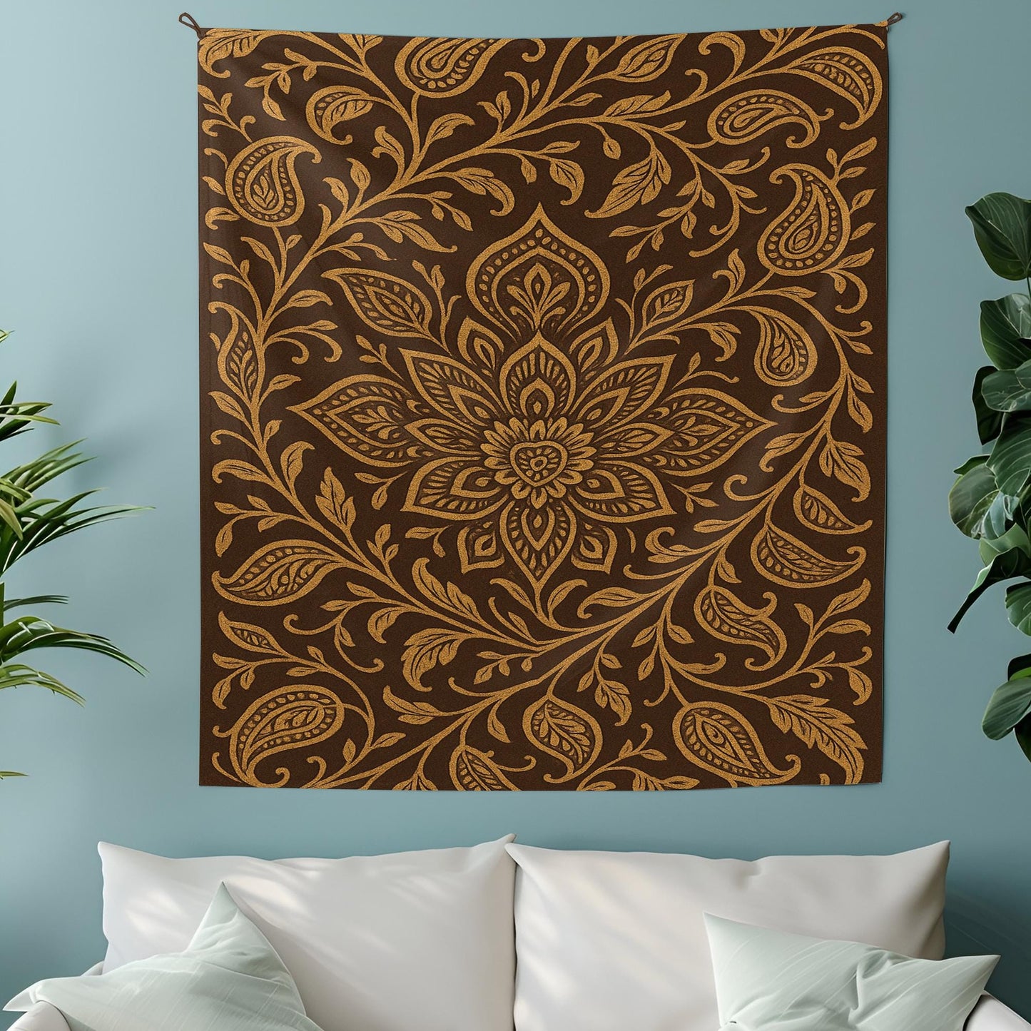 Floral Boho Wall Tapestry in Brown and Gold – Botanical Mandala Design Wall Hanging for Bedroom, Living Room or Meditation Space