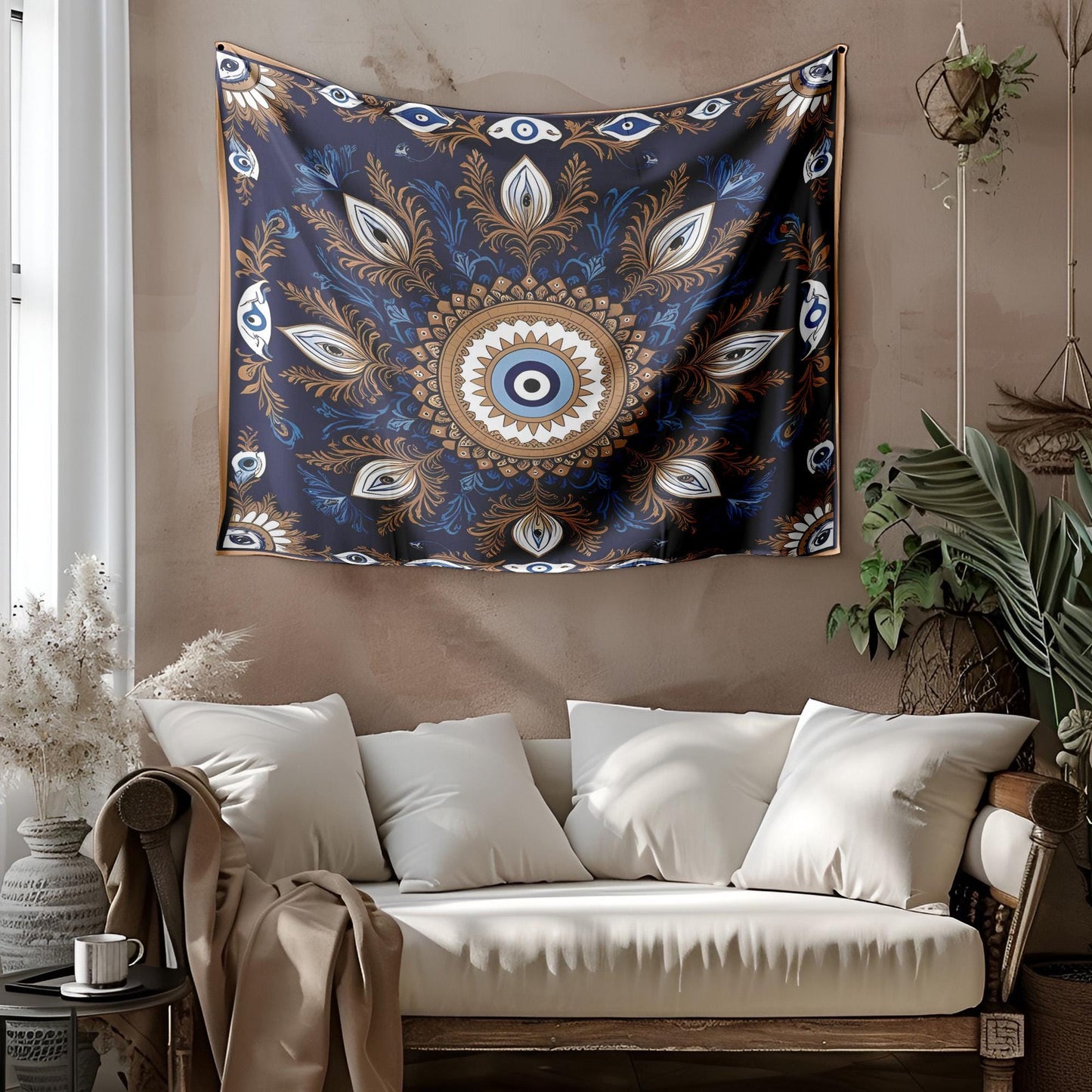 Mystic Turkish Evil Eye Tapestry, Anatolian Folk Art Wall Hanging, Turkish Wallhang, Deep Blue Gold White Decor, Symmetrical Pattern Design