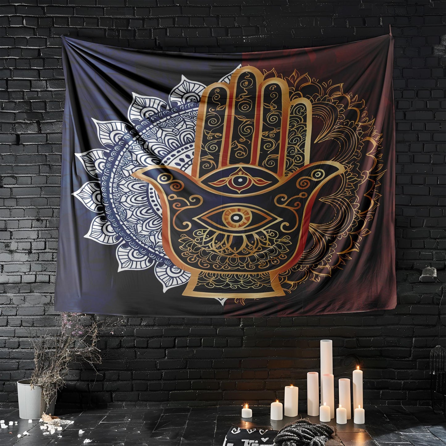 Mystical Hamsa Hand Mandala Tapestry, Indian Spiritual Wall Hanging, Deep Blue Gold Terracotta Boho Decor, Protective Eye Design