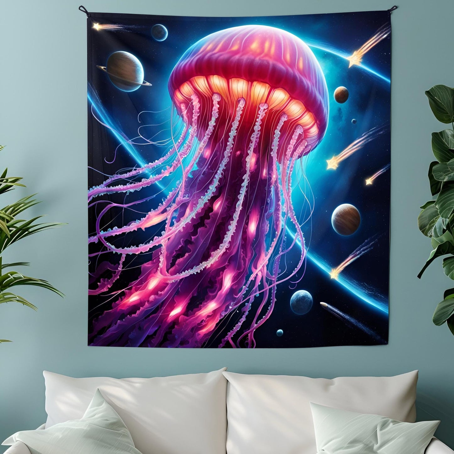 Bioluminescent Space Jellyfish Tapestry, Glowing Tentacles & Cosmic Patterns, Psychedelic Neon Galaxy Wall Art, Trippy Tapestries
