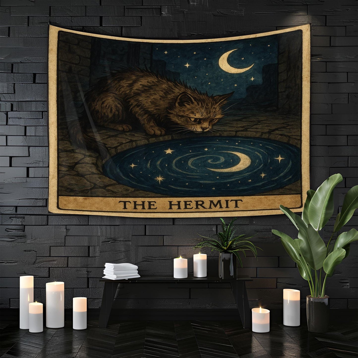 The Hermit Cat Tapestry – Tarot-Inspired Mystical Wall Art, Introspective Boho Cat Decor, Celestial Gothic Tapestry for Bedroom or Altar