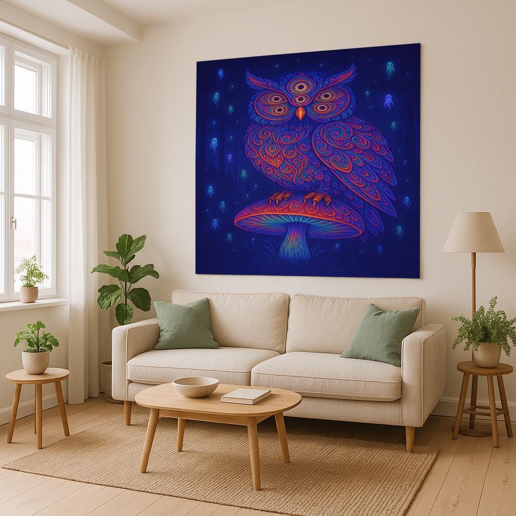 Psychedelic Owl Tapestry, Trippy Mushroom Wall Art, Boho Room Decor, Visionary Spirit Print, Mystical Night Banner, Bohemian Gift
