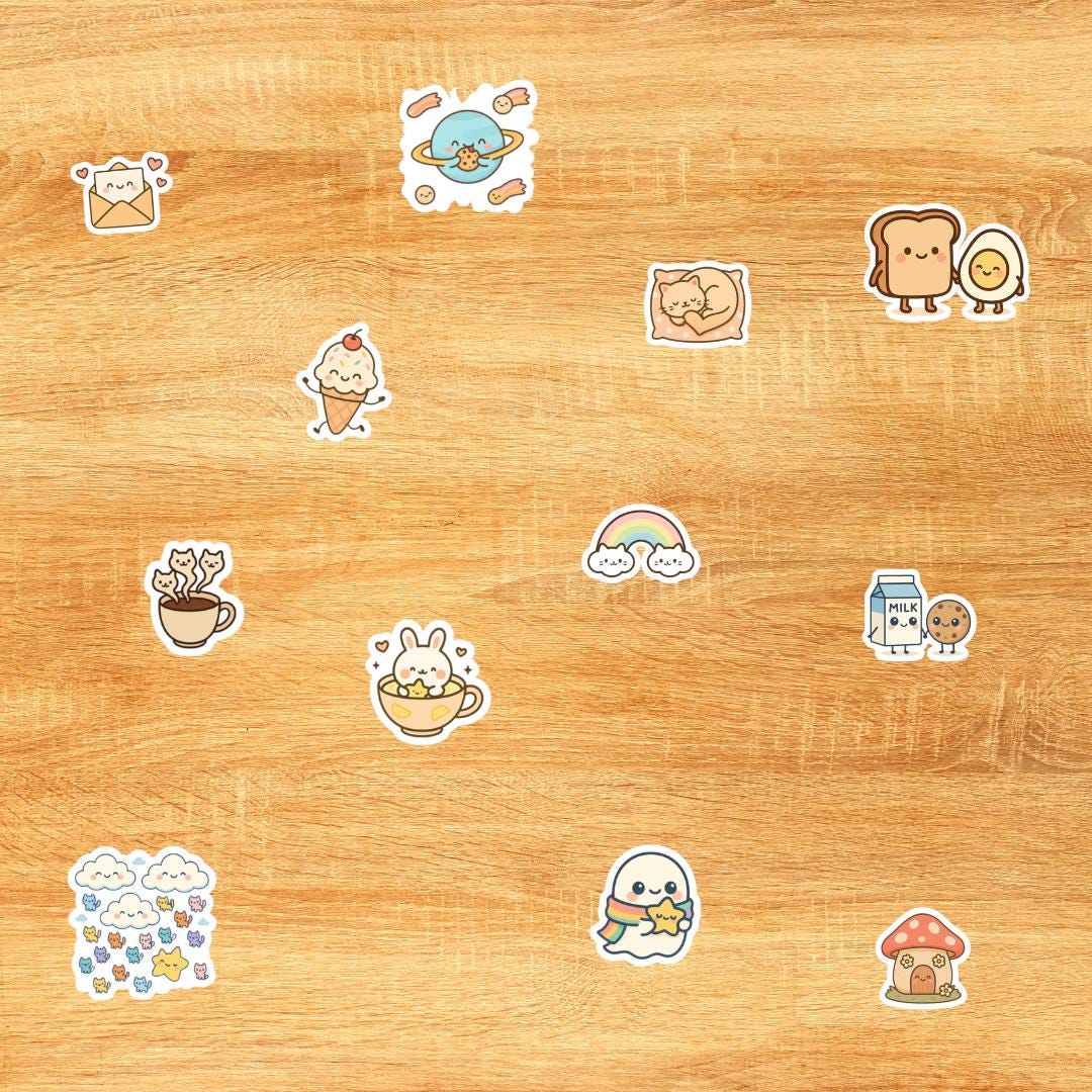 Kawaii Sticker Pack Bundle of 12 Cute Aesthetic Stickers for Journaling Scrapbooking Laptops Water Bottles and Gift Ideas