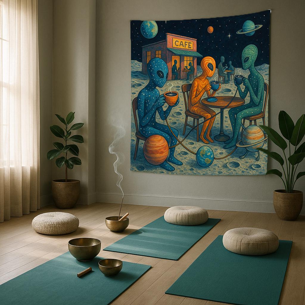 Alien Cafe Wall Tapestry with Space Beings Drinking Coffee on the Moon, Whimsical Outer Space Art for Sci-Fi Bedroom or Dorm Room Decor