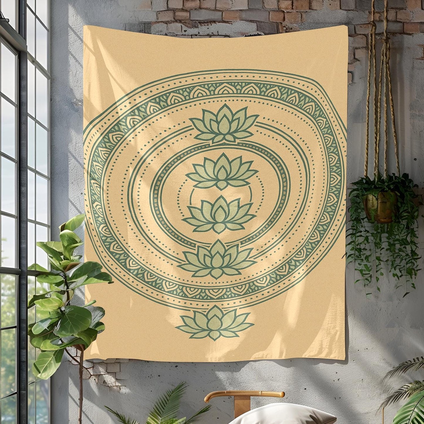 Beige and Green Lotus Tapestry Wall Hanging – Minimalist Mandala Design for Yoga Room, Bedroom, or Meditation Corner