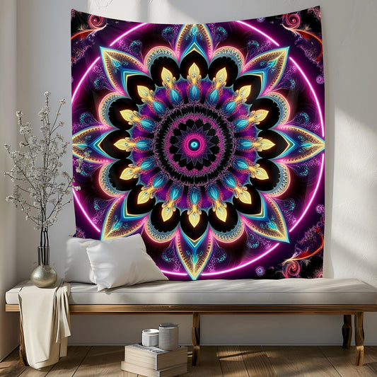 Psychedelic Fractal Mandala Tapestry, Neon Sacred Geometry Wall Art, Hypnotic Waves & Vibrant Patterns, Ultra HD Trippy Decor, Psychedelic
