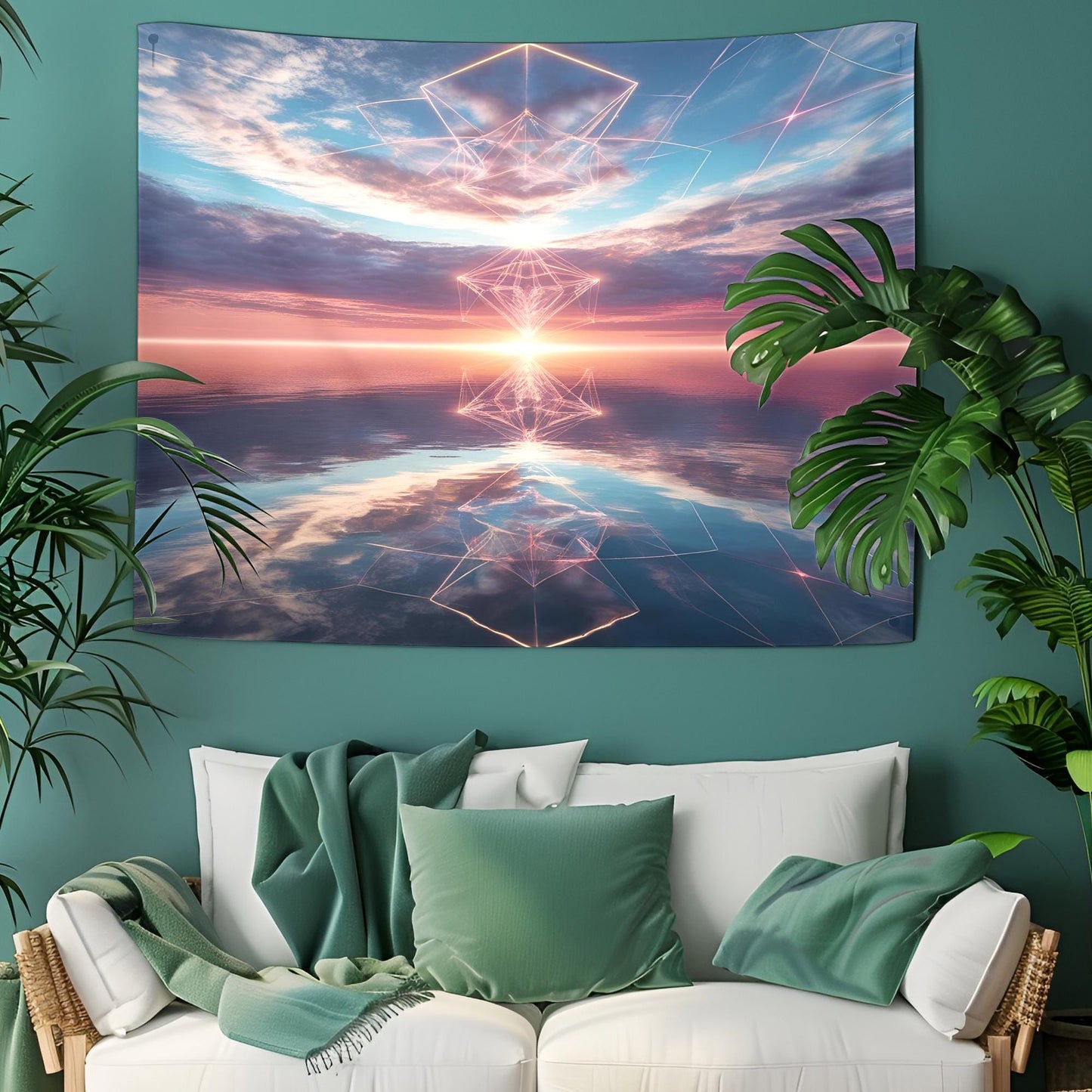Dreamlike Surreal Ocean Sky Tapestry, Glowing Geometric Patterns, Infinite Reflections of Light & Color, Hypnotic Psychedelic Trippy Art