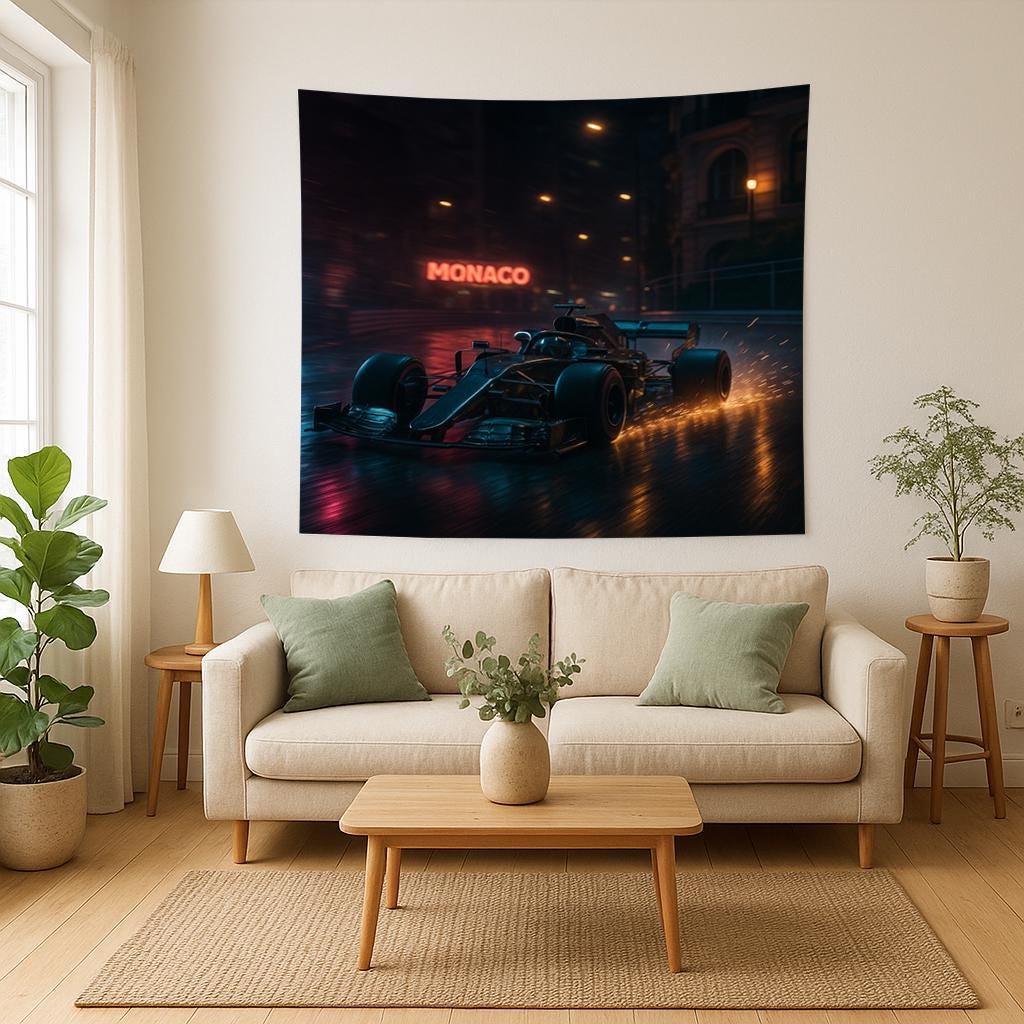 Monaco F1 Tapestry, Night Racing Car Wall Art, Formula 1 Motorsport Decor, Speed Lover Gift, Grand Prix Room Banner, Auto Man Cave Art