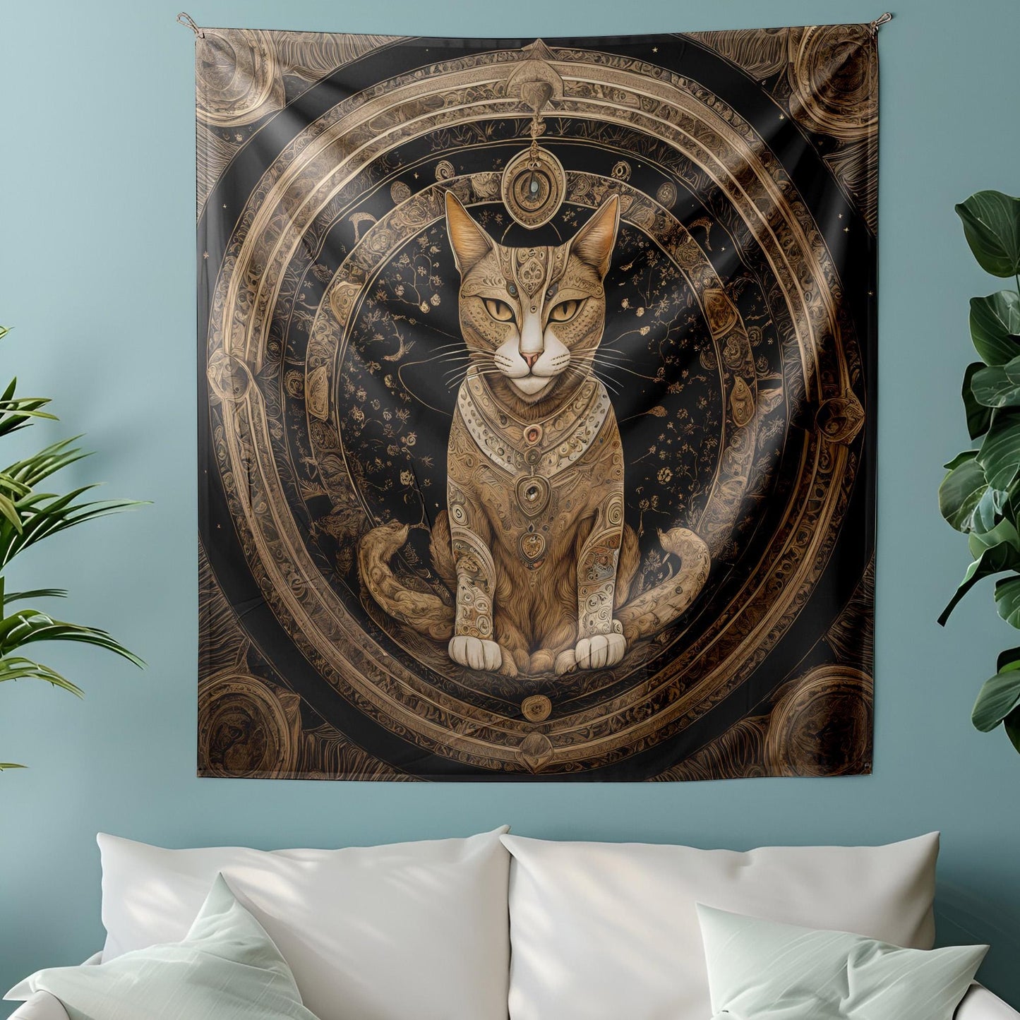Mystical Mandala Cat Tapestry - Third Eye Feline Wall Hanging - Celestial Astrology Decor - Boho Witchy Art - Spiritual Meditation Tapestry