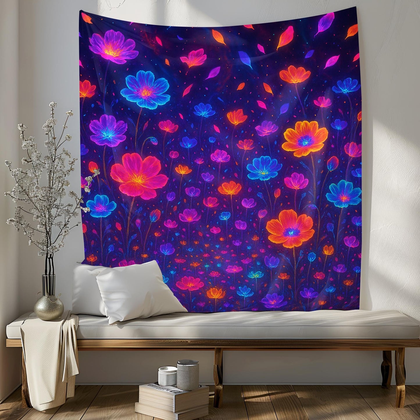 Surreal Bioluminescent Flower Field Tapestry, Psychedelic Fantasy Wall Art, Glowing Neon Petals, Dreamy Decor, Gift For Her Or Him