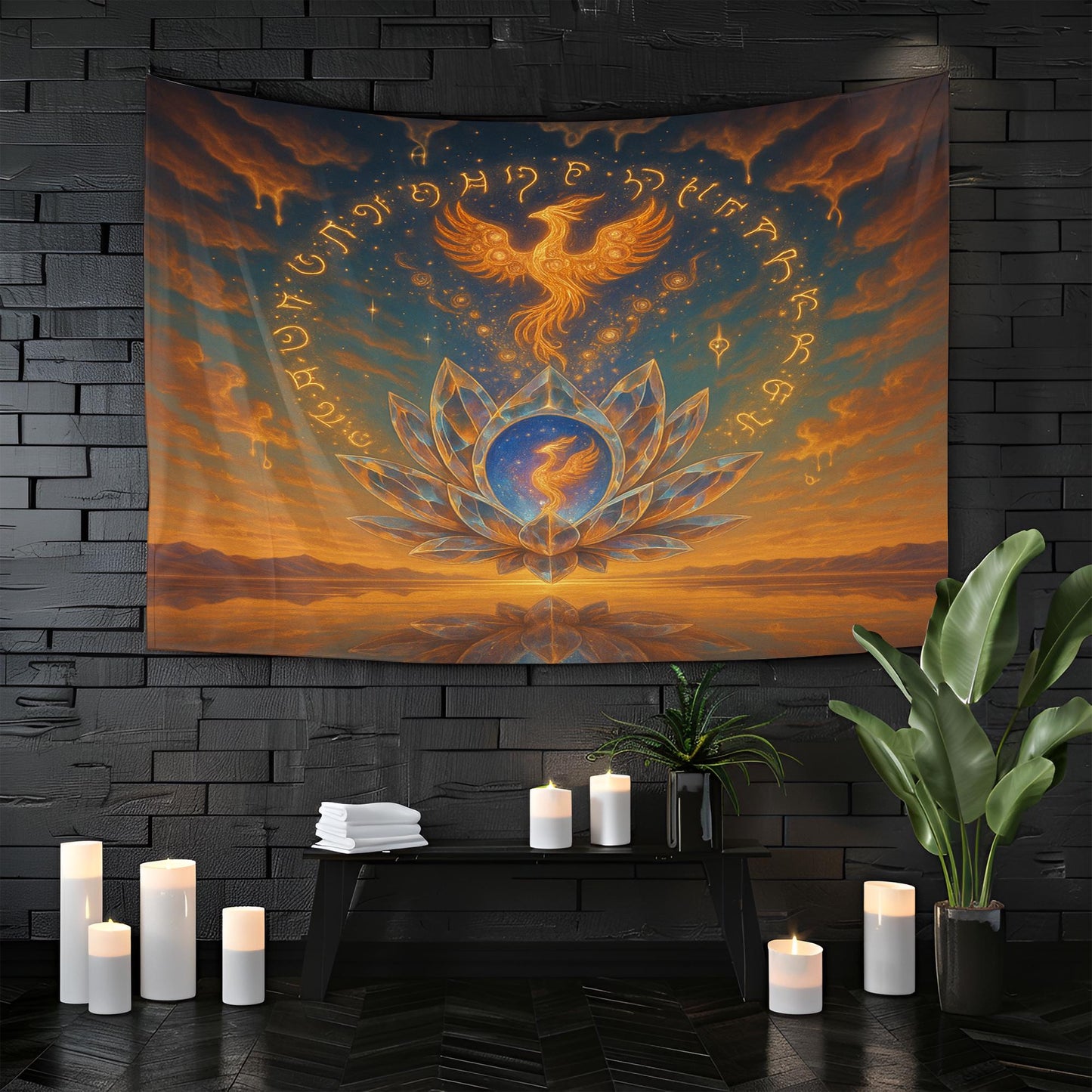 Phoenix Lotus Tapestry – Spiritual Rebirth Wall Art, Crystal Flower Sky Scene, Celestial Fire Bird Decor, Mystical Awakening Print