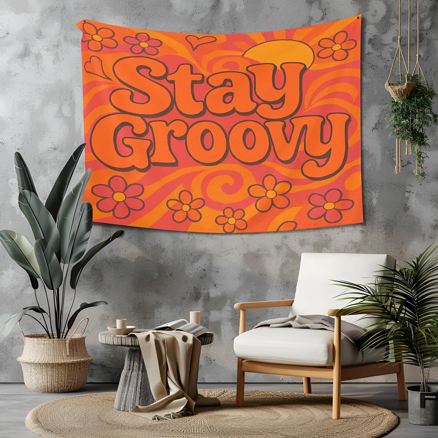 Stay Groovy Retro Tapestry, 70s Curvy Typography With Floral Swirl Background, Orange Pink Sunshine Vibe Wall Art, Gift For Her Or Him
