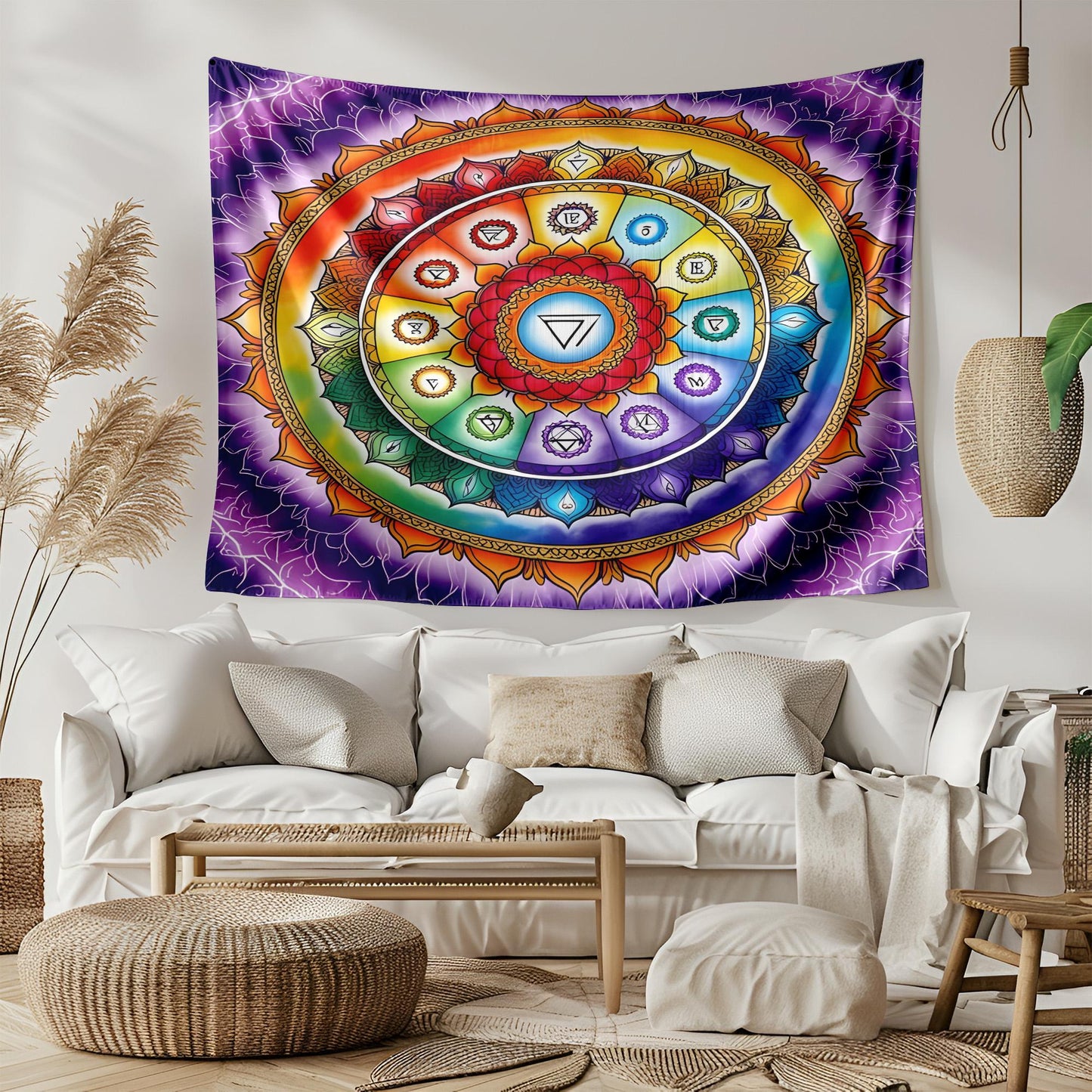 Vibrant Chakra Mandala Tapestry, Seven Energy Centers Wall Hanging, Spiritual Healing Decor, Colorful Yoga Meditation Art