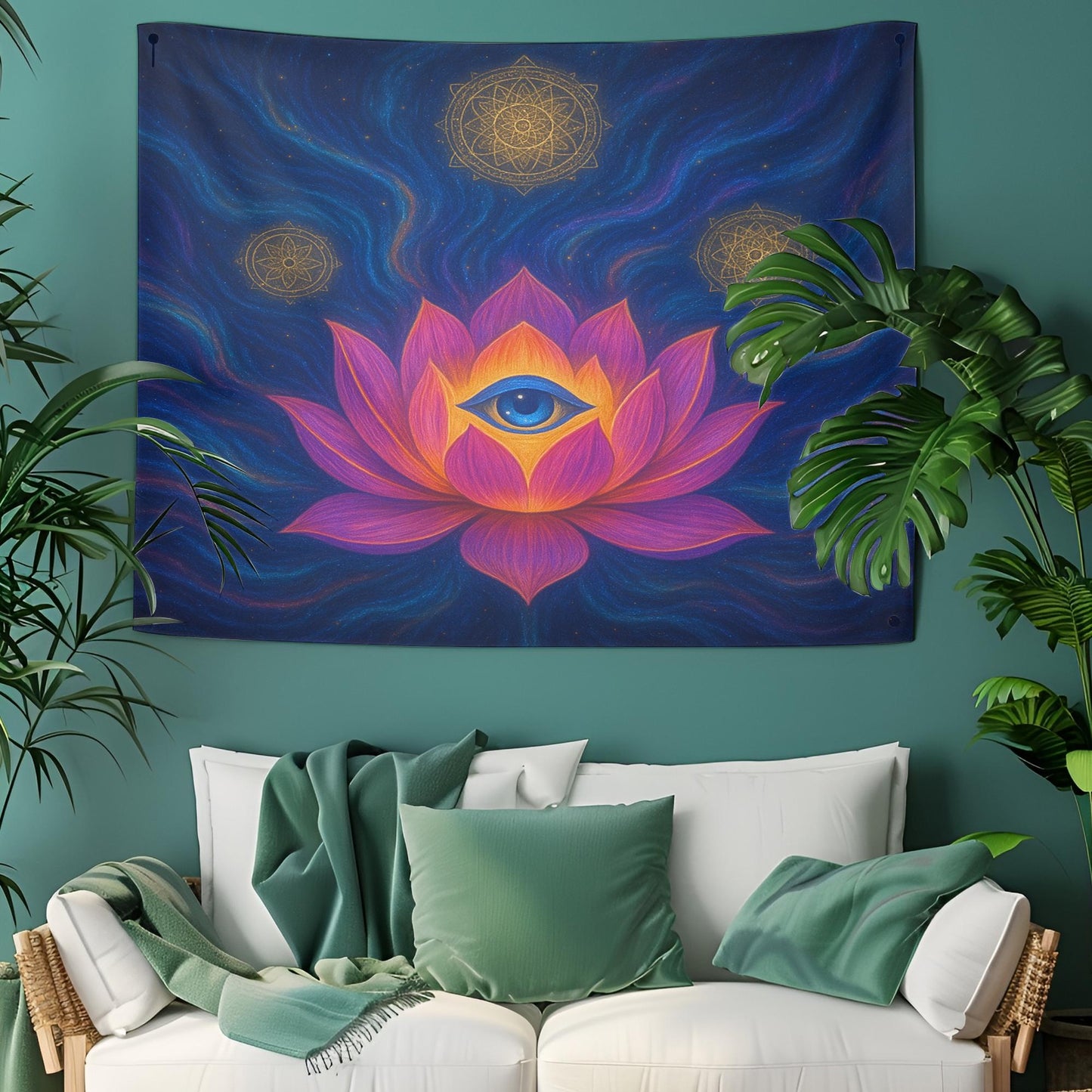 Third Eye Lotus Flower Wall Tapestry, Spiritual Room Decor With Sacred Symbols, Psychedelic Vision Art Gift For Meditation Lovers Or Yogis