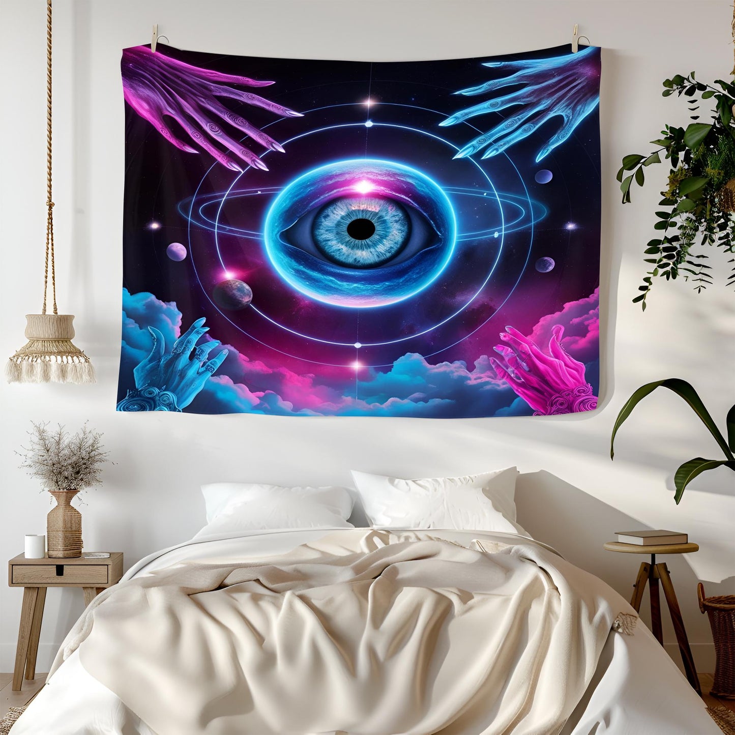 Celestial Eye Tapestry, Cosmic Vision Wall Art, Mystical Hands & Planetary Orbits, Neon Blue Pink Surreal Decor, Psychedelic Tapestry