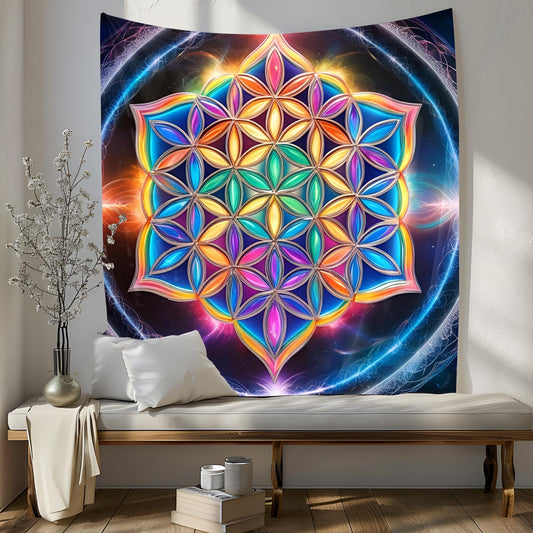 Sacred Flower of Life Tapestry, Glowing Rainbow Energy Art, Holographic Luminous Patterns, Infinite Reflections Decor , Trippy Tapestry