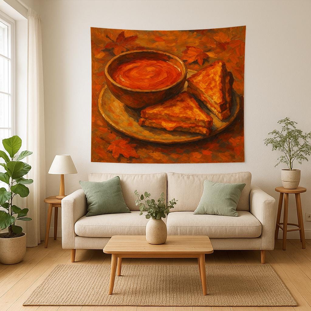 Grilled Cheese and Tomato Soup Wall Tapestry, Cozy Comfort Food Art Print with Autumn Leaves, Warm Kitchen or Dining Room Decor Piece