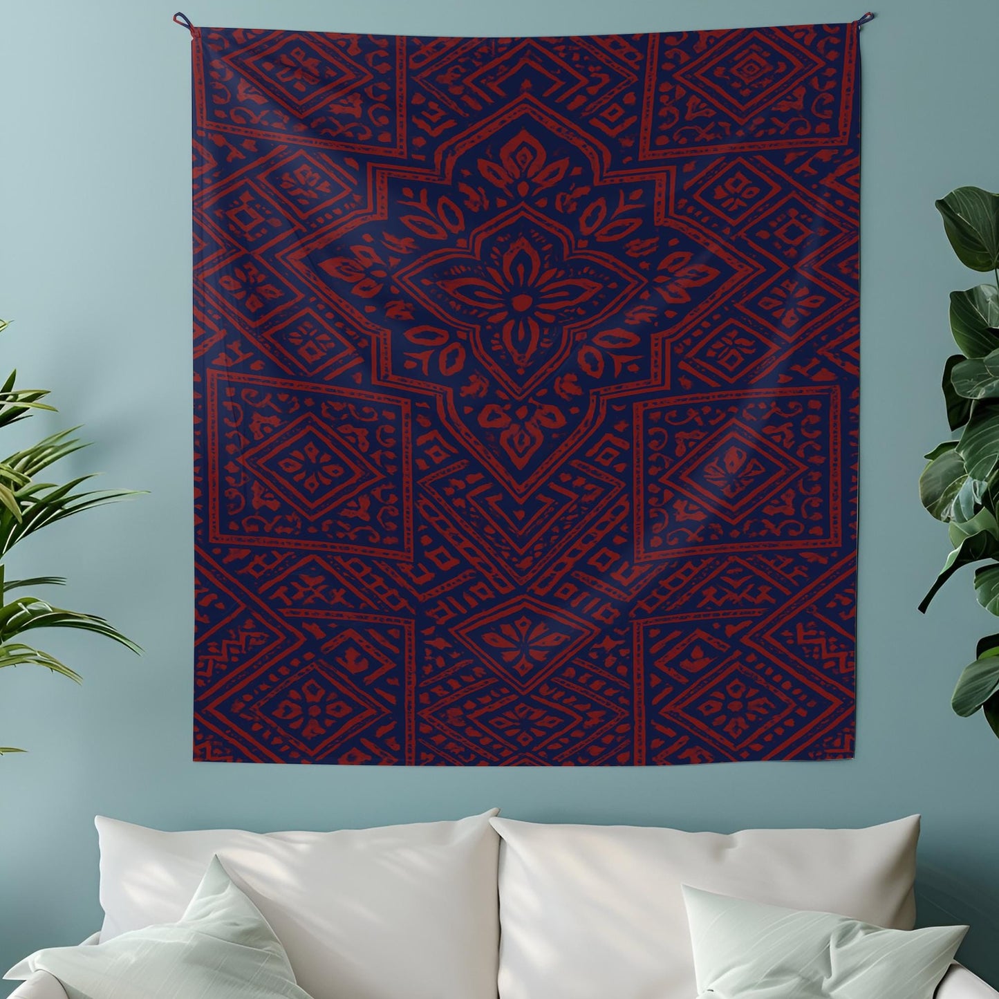Boho Geometric Tapestry in Navy and Rust – Ethnic Pattern Wall Hanging for Bedroom, Living Room, Dorm, or Meditation Space