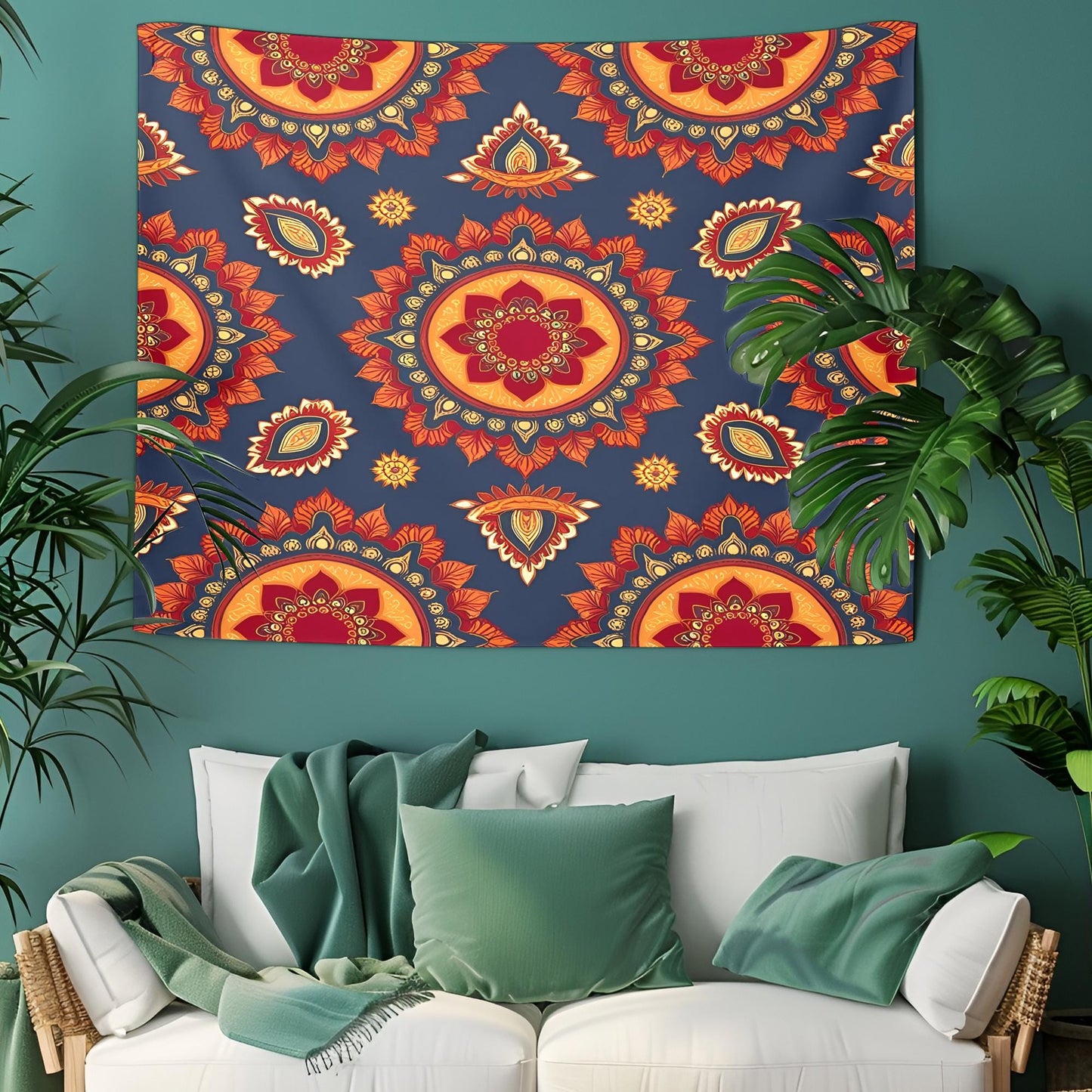 Seamless Indian Mandala Pattern Tapestry, Deep Red Orange Gold Symmetrical Design on Dark Blue, Traditional Boho Decorative Wall Art