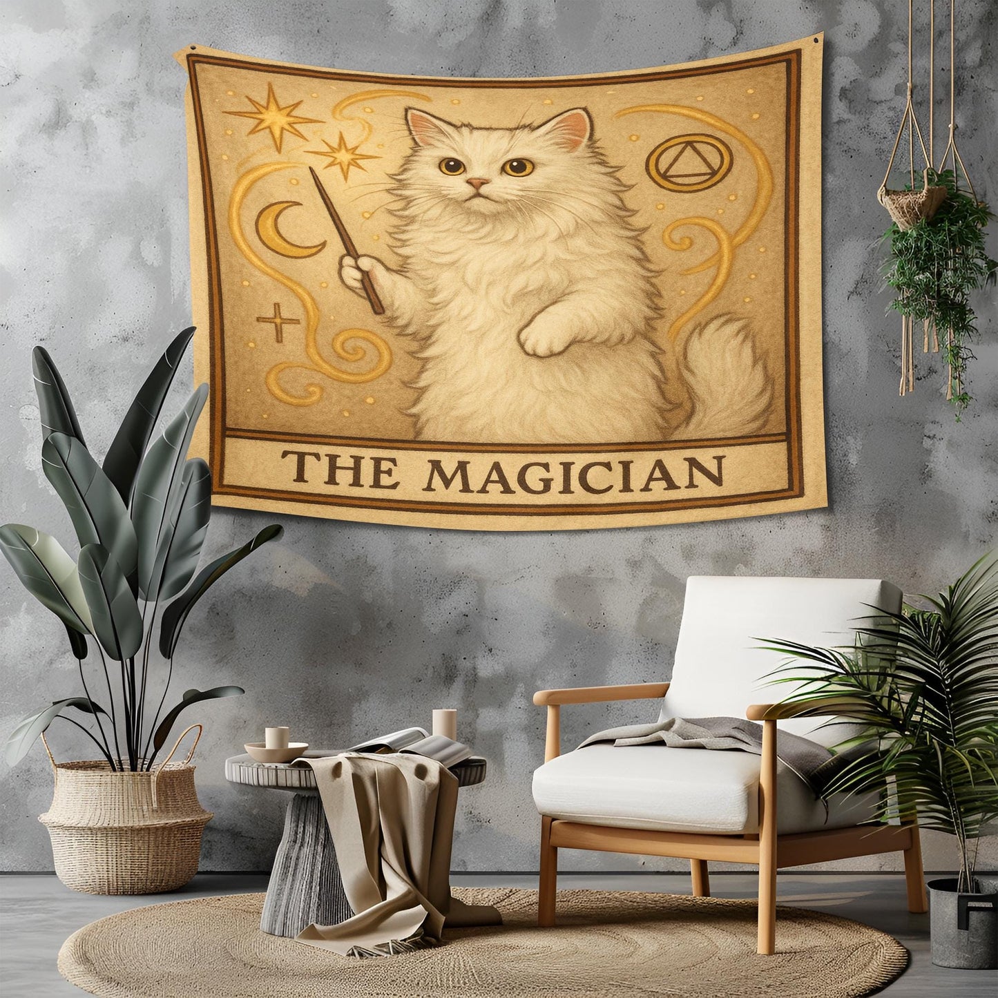 The Magician Cat Tapestry – Tarot Wall Hanging, White Cat Witchy Decor, Mystical Boho Tapestry for Spiritual or Bedroom Spaces
