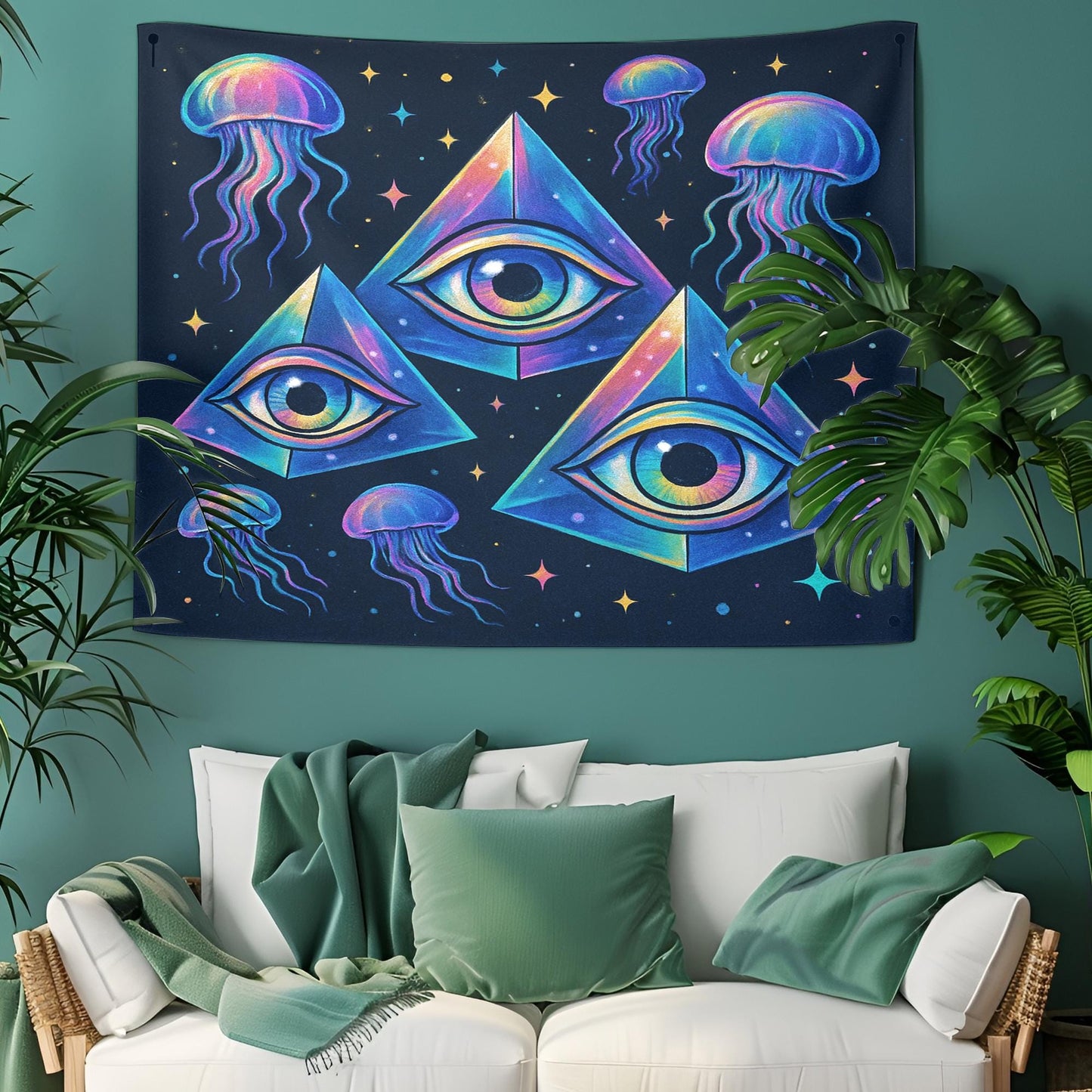 Psychedelic Eye Tapestry With Jellyfish, Trippy Third Eye Wall Hanging, Vibrant Dorm Room Decor, Cool Gift For Teens, Gamers Or Artists