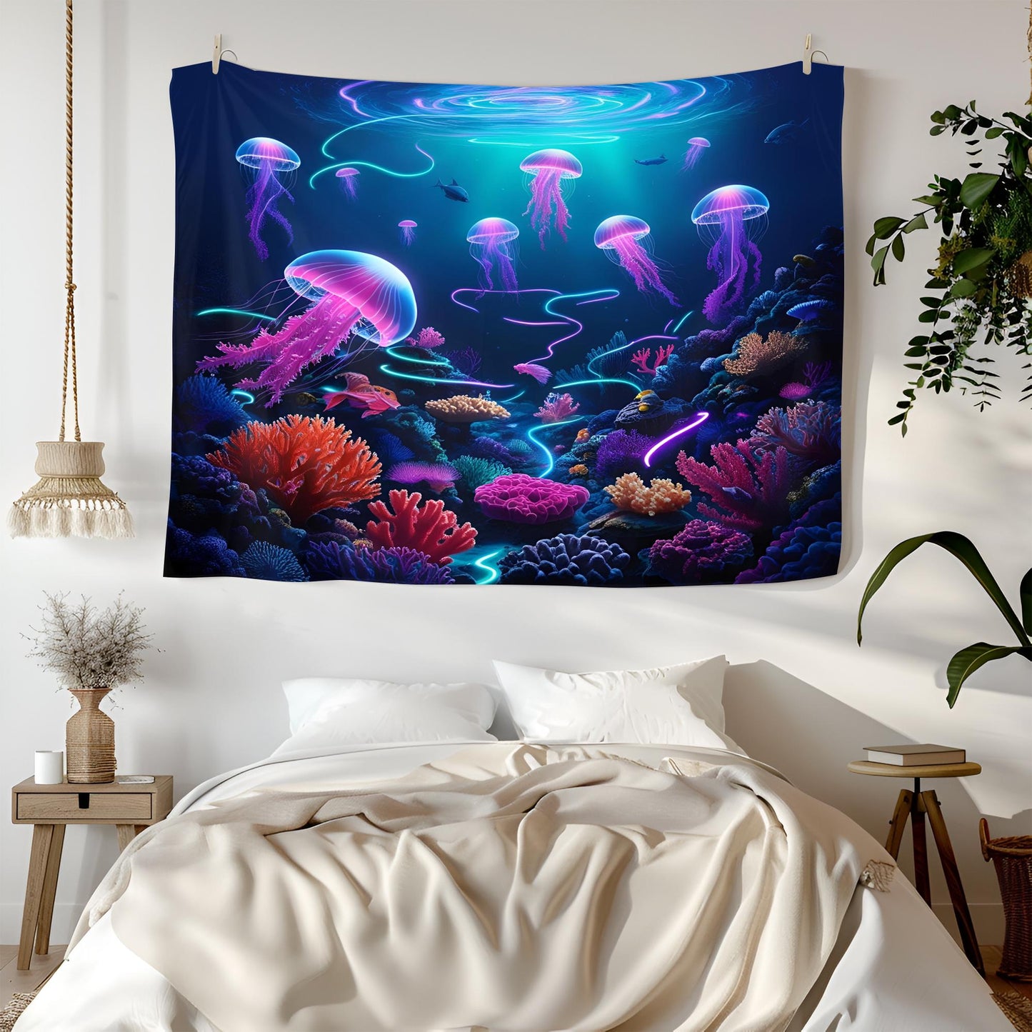 Psychedelic Underwater Tapestry, Glowing Coral Reefs, Bioluminescent Sea Creatures, Cosmic Jellyfish, Swirling Neon Light Ocean Art
