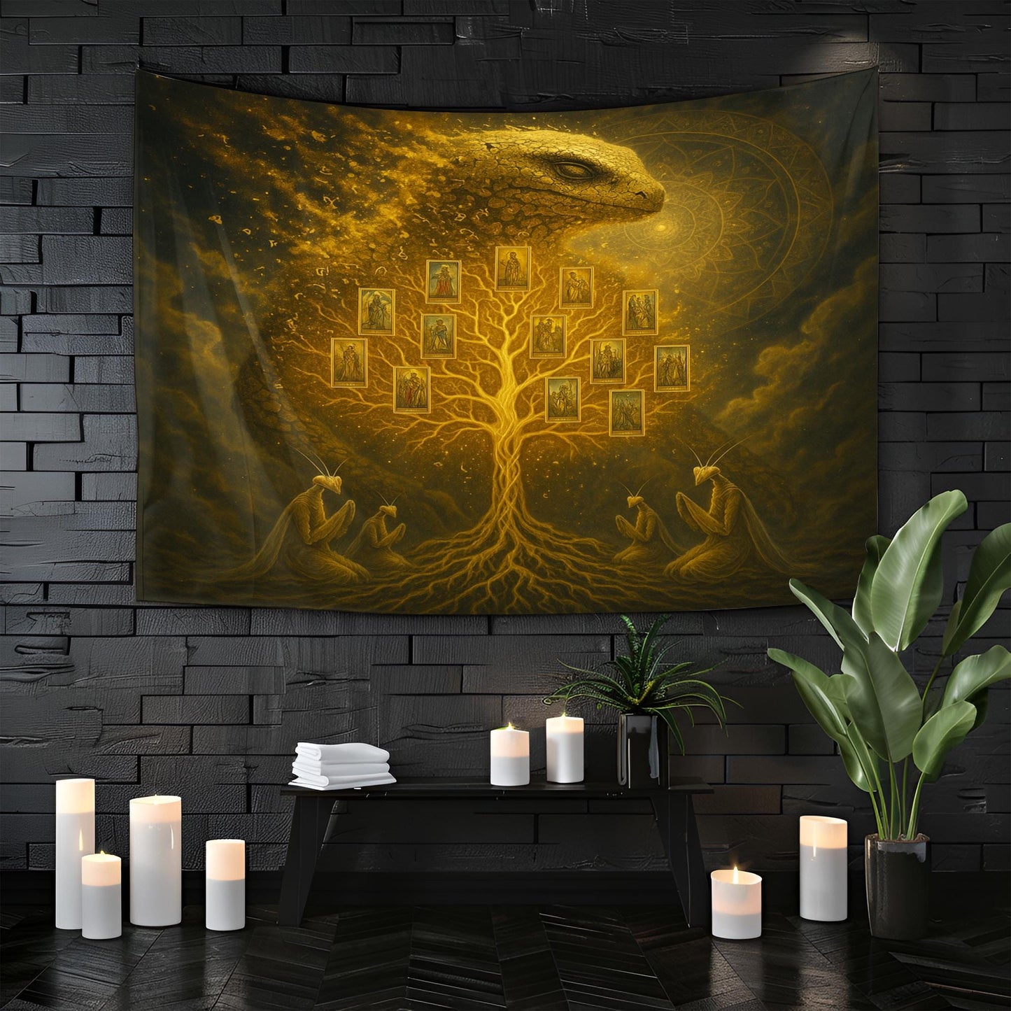 Golden Tree Tapestry – Visionary Reptilian Wall Art, Fantasy Ancestral Tree Decor, Psychedelic Alien Gods Tapestry, Spiritual Dream Art